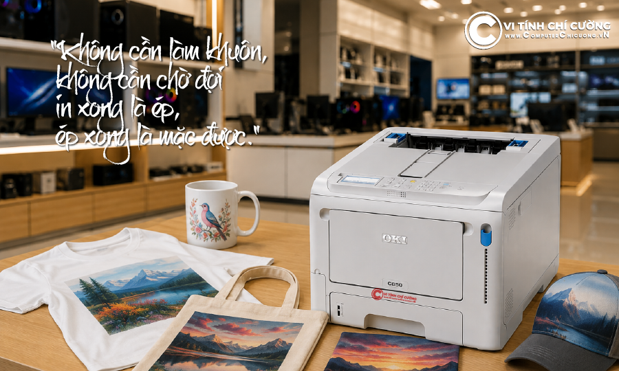 In chuyển nhiệt lên áo nón bằng máy in nhanh OKI C650dn tại Cường OKI - Computer Chí Cường