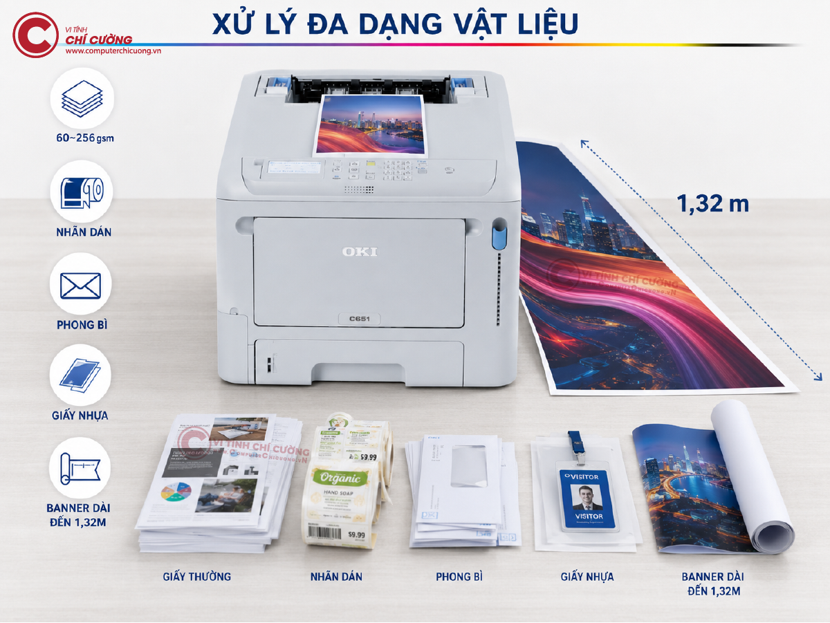 OKI C651dn in được giấy dày 256gsm nhãn dán phong bì banner 1.32m