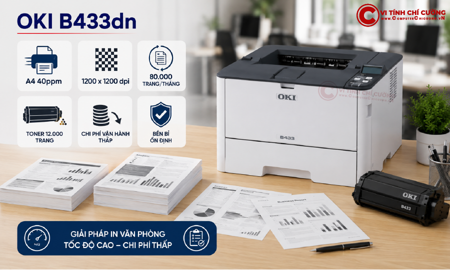 Máy in OKI B433dn đen trắng A4 tốc độ cao 40ppm cho văn phòng – chính hãng tại Computer Chí Cường TP.HCM