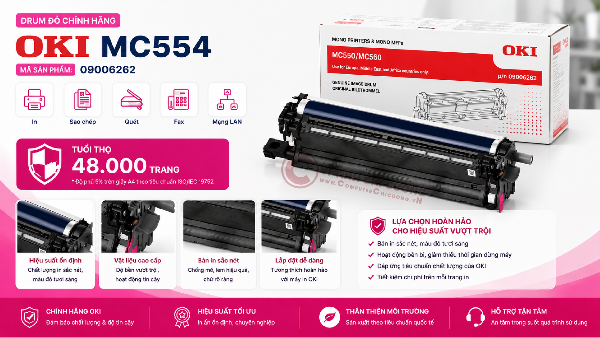 Drum Magenta OKI MC554 – mã 09006266, tuổi thọ 48.000 trang chính hãng Drum đỏ Magenta Image Drum chính hãng OKI MC554dn MC554dnw mã 09006266 48000 trang