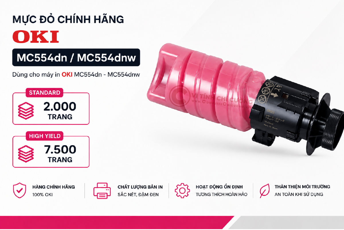 Mực Magenta OKI MC554 – Standard 2.000 trang và High Yield 7.500 trang chính hãng Mực đỏ Magenta chính hãng OKI MC554dn MC554dnw Standard 2000 trang High Yield 7500 trang