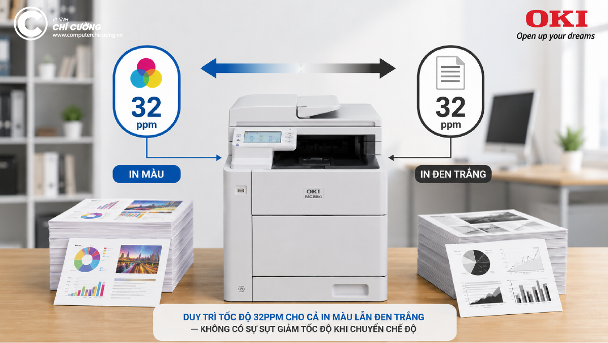 OKI MC554 in màu tốc độ 32ppm đen trắng và màu cho văn phòng nhóm làm việc
