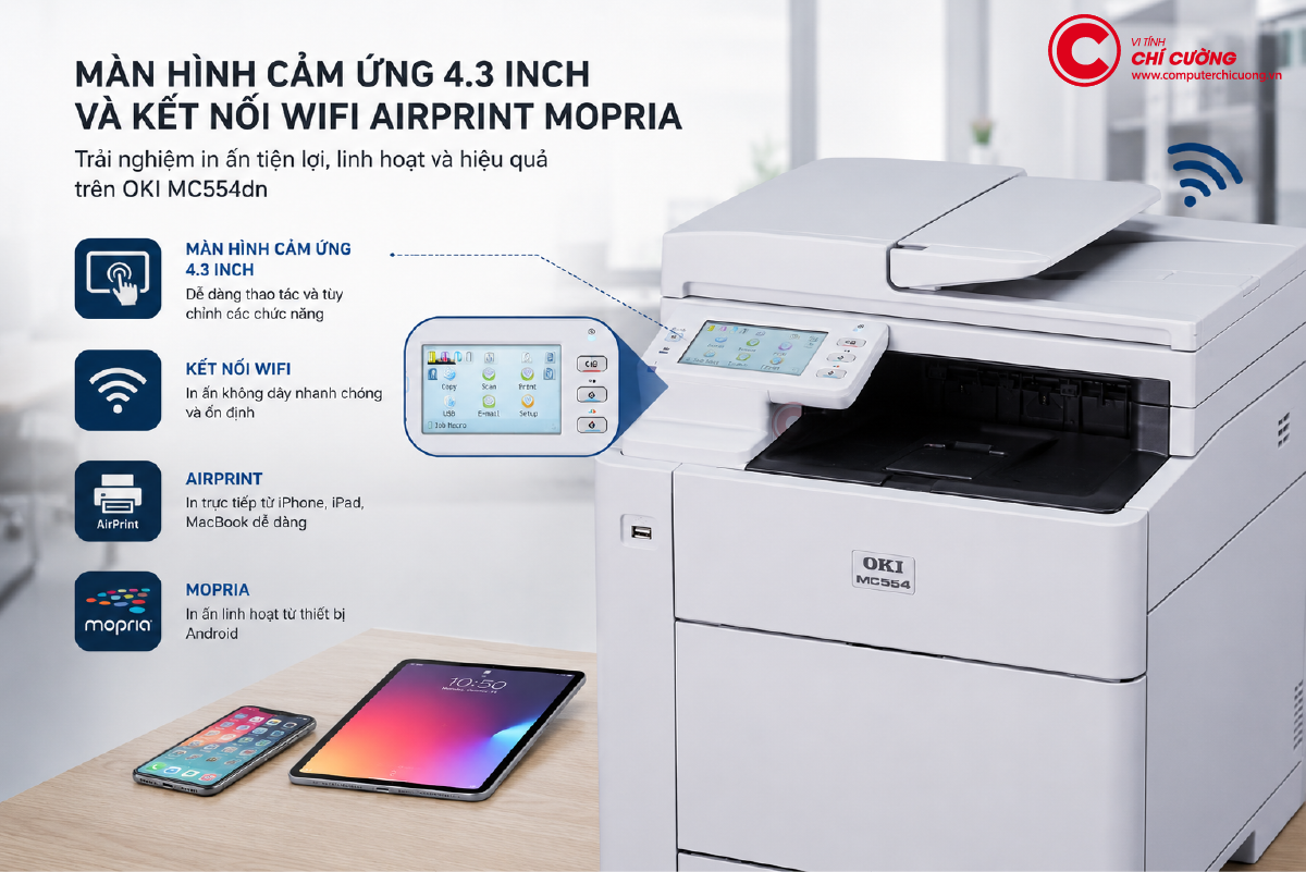 Màn hình cảm ứng 4.3 inch và kết nối WiFi AirPrint Mopria trên máy in OKI MC554