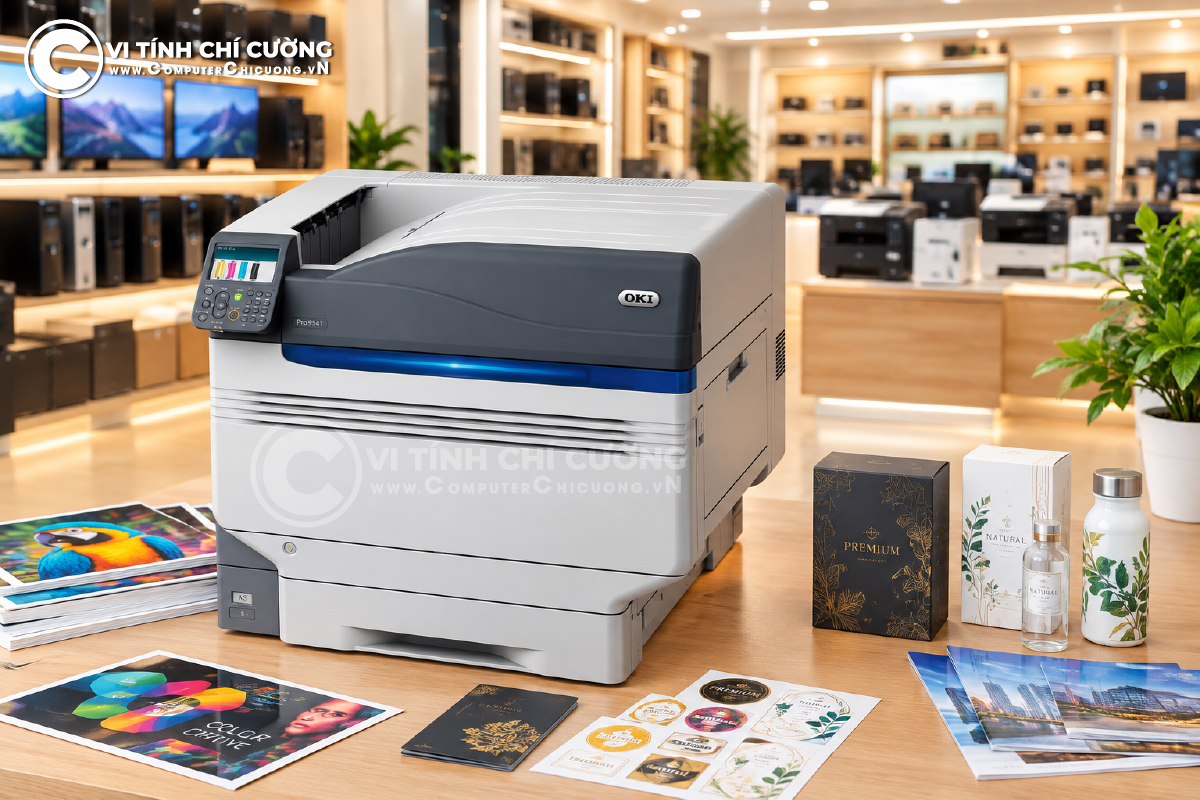Máy in OKI Pro9541 5 màu CMYK Trắng Clear khổ A3+ in giấy dày 360gsm chính hãng tại Computer Chí Cường