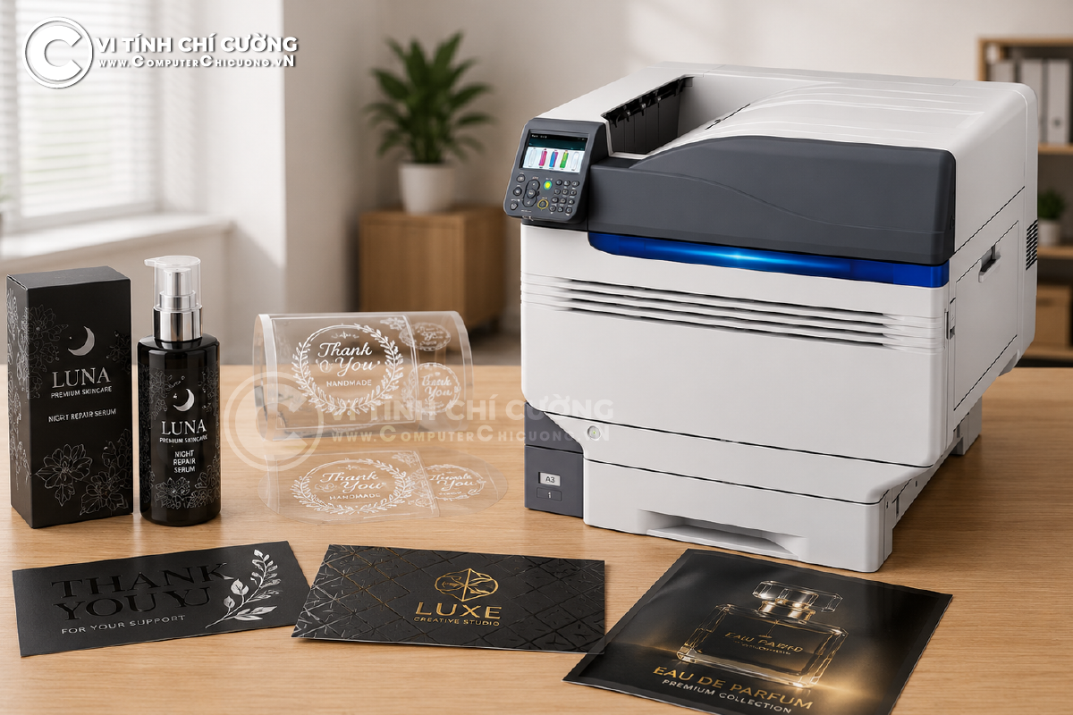 Công nghệ in 5 màu CMYK White Clear của OKI Pro9541 trên giấy tối màu