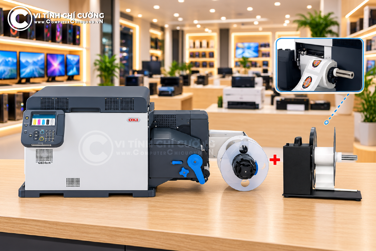 Bộ thu cuộn nhãn tự động 120mm dùng cho máy in nhãn OKI Pro1040 Pro1050 tại Computer Chí Cường