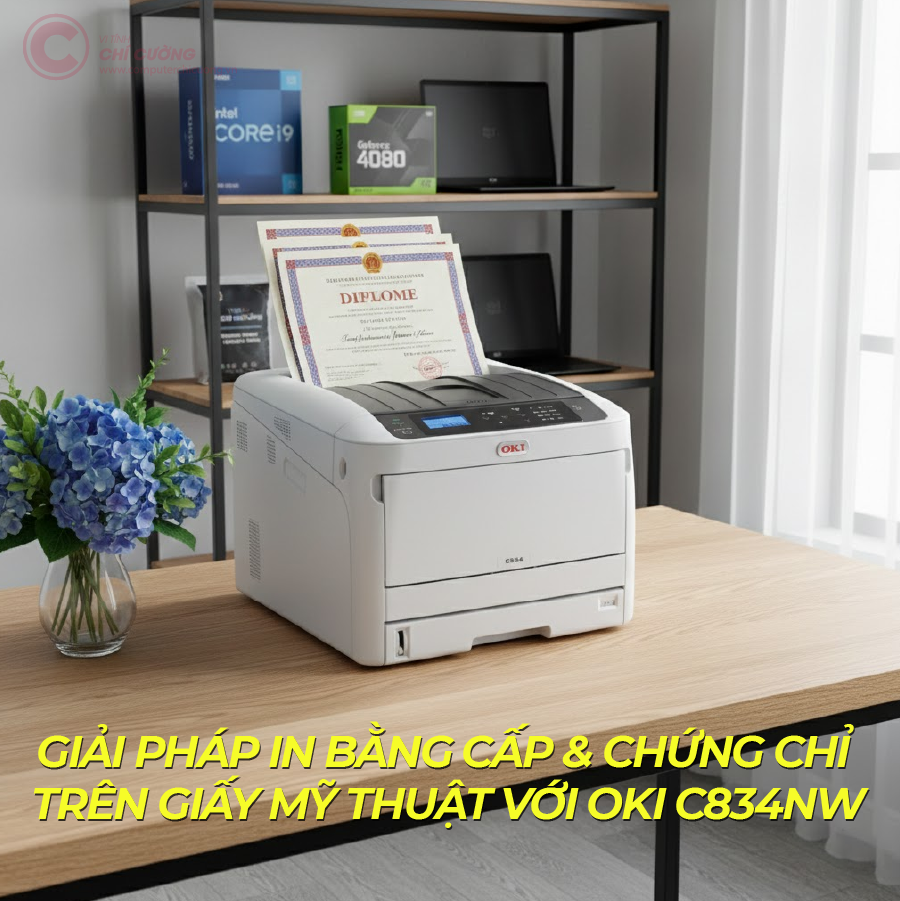 Máy in OKI C834nw in bằng cấp trên giấy mỹ thuật chuyên nghiệp tại Vi Tính Chí Cường