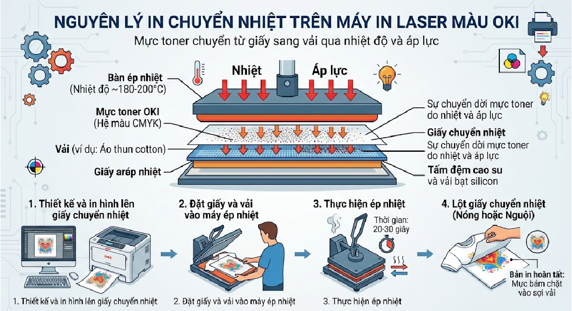 Nguyên lý in chuyển nhiệt trên máy in laser màu OKI – mực toner chuyển từ giấy sang vải qua nhiệt độ và áp lực