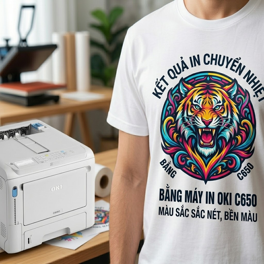 Kết quả in chuyển nhiệt lên áo thun bằng máy in OKI – màu sắc sắc nét, bền màu