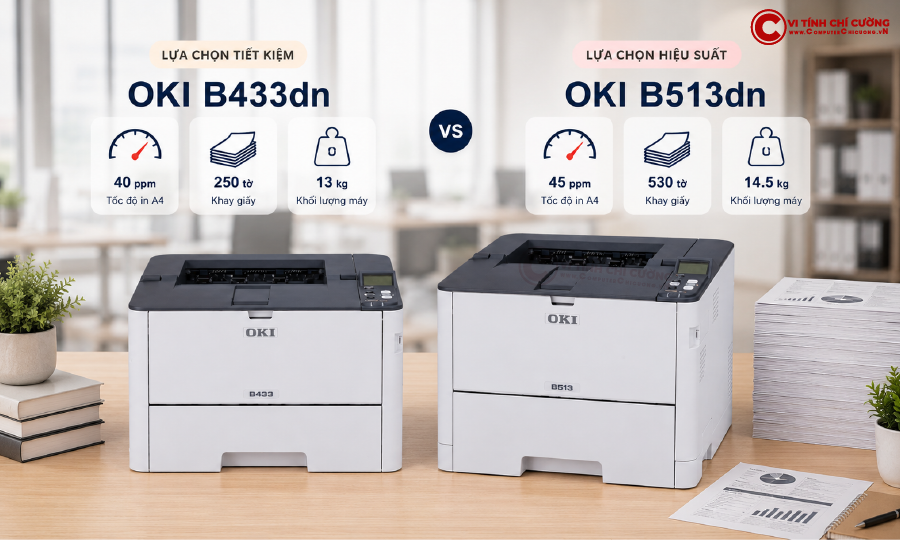 So sánh máy in OKI B433dn và B513dn – chọn máy nào phù hợp khối lượng in văn phòng