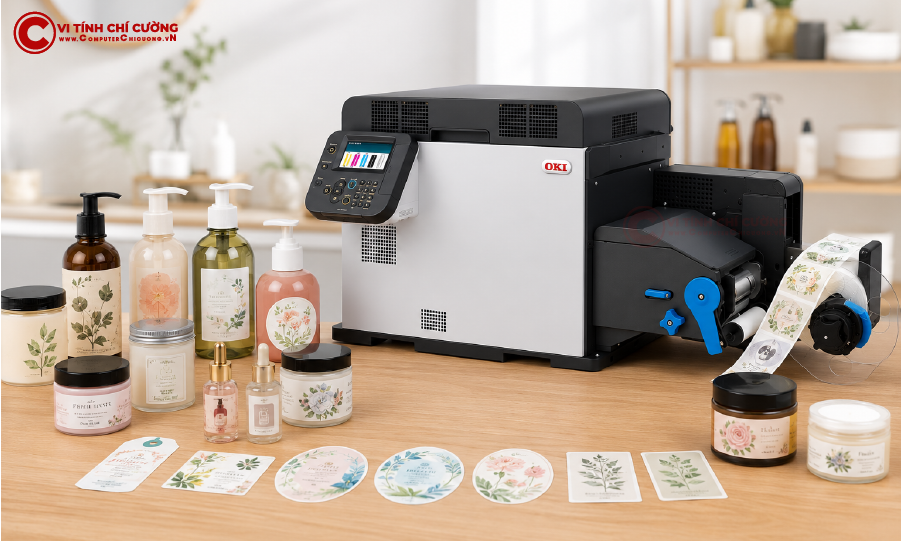 In nhãn mỹ phẩm chai lọ trên OKI Pro1050 CMYK+W – màu trắng làm nền trên decal trong suốt