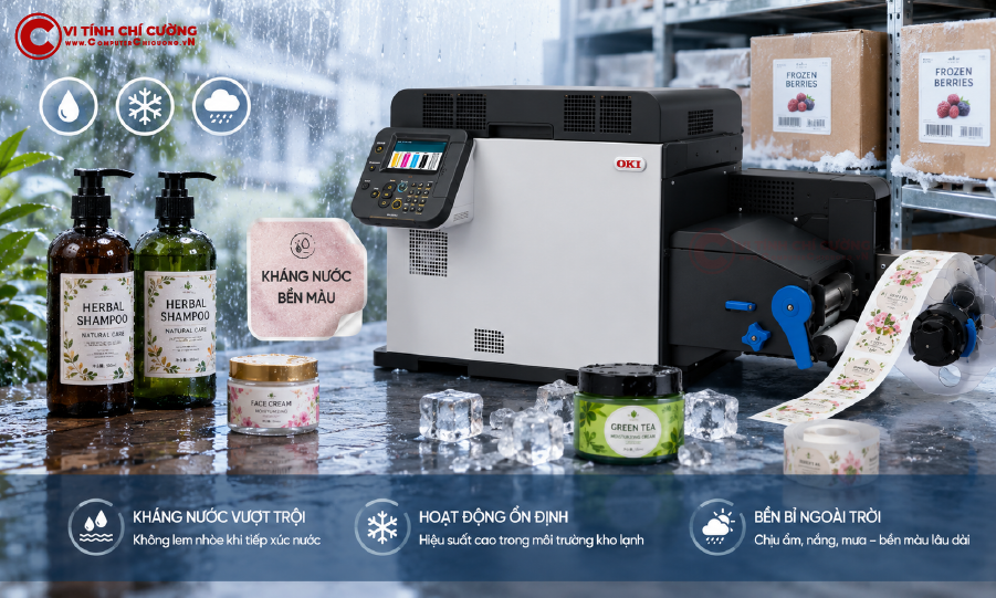 Nhãn in OKI Pro1050 kháng nước dùng được trong kho lạnh và môi trường ẩm ướt ngoài trời