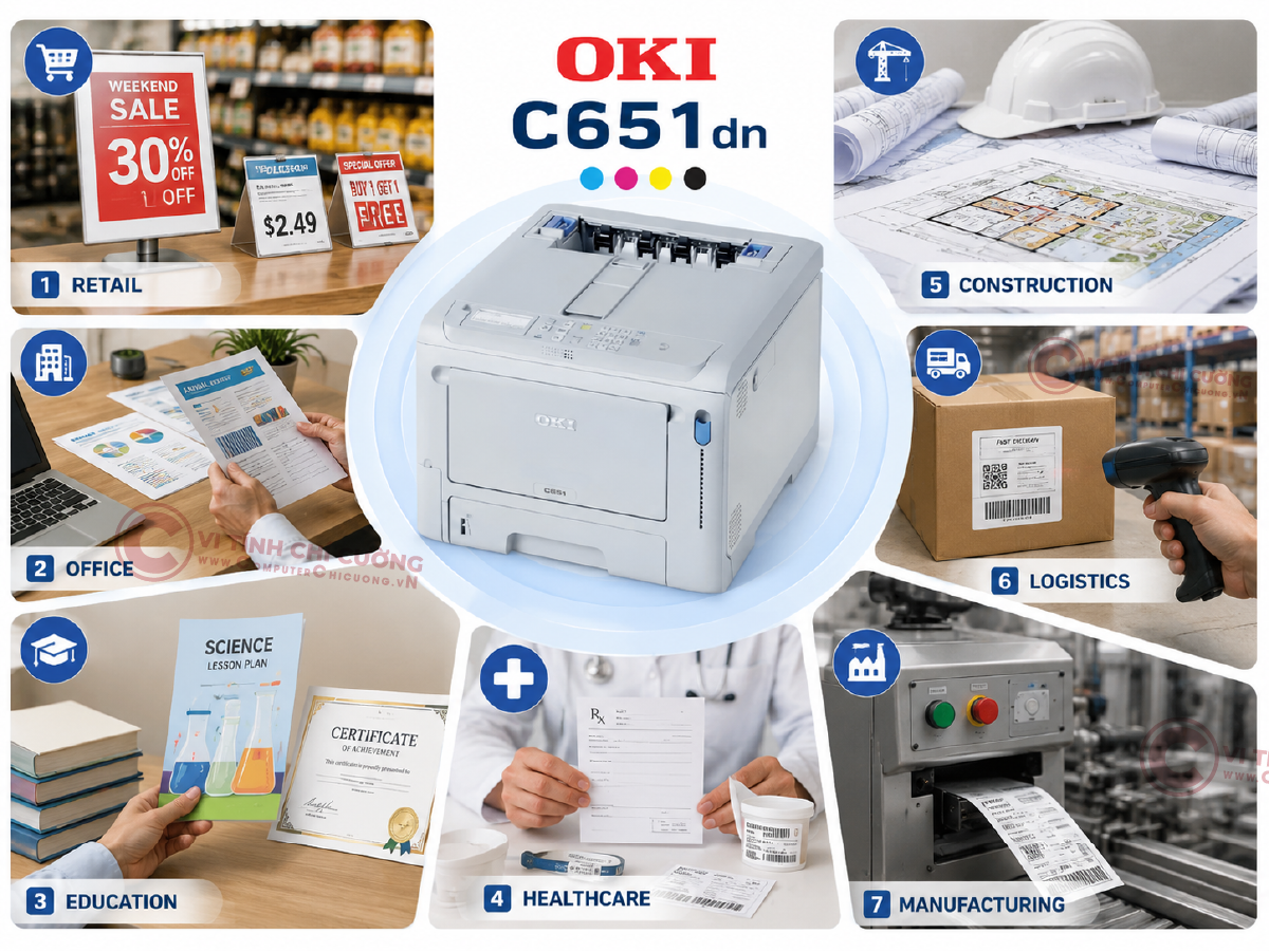 Ứng dụng máy in OKI C651dn trong bán lẻ văn phòng giáo dục y tế logistics sản xuất